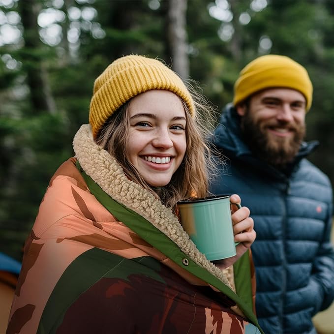 Outdoor Camping Blanket with Sherpa Lining Extra Warm Thick Camp Blankets and Puffy Ultralight Soft Poncho DWR Camping Quilt for Cold Weather Adventure Sleeping Backpacking 78x 56