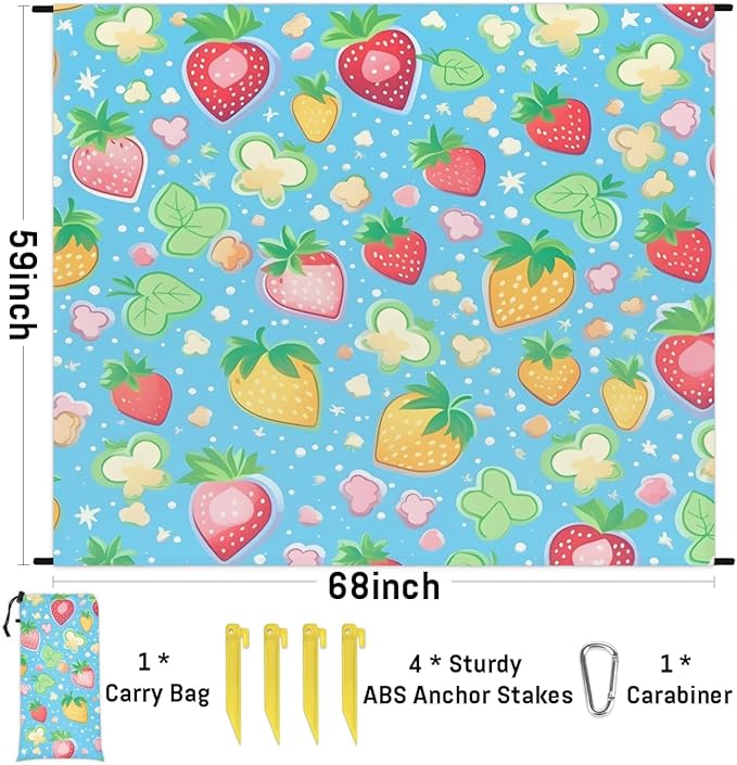 Waterproof Sandproof Beach Blanket 59''×68'' Strawberry Polyester Outdoor Picnic Blanket with 4 Stakes &amp Storage Bag for BeachCampingVacation Blue