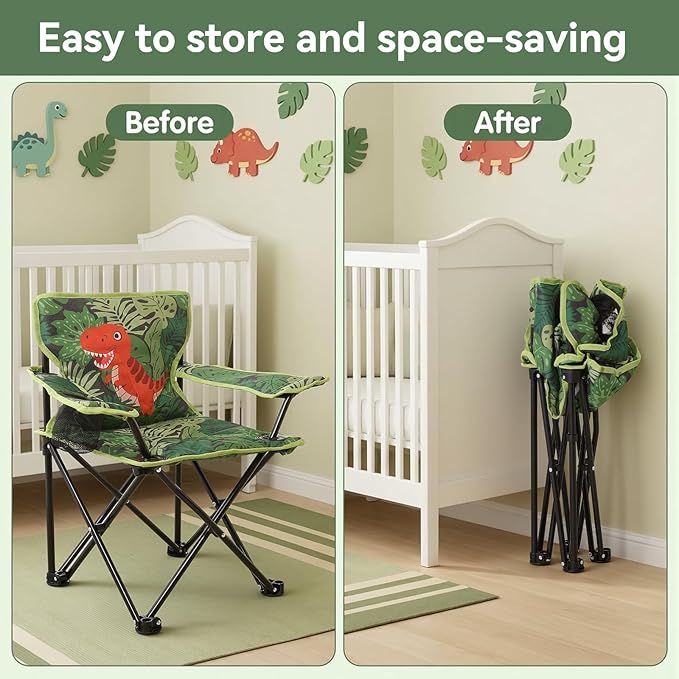 Padded Kids Camping Chair Folding Toddler Chair with Cup Holder &amp Safety Lock Portable Kids Beach Chair Ages 3-6 for Outdoor Camping Foldable Kids Chair Support 120lbsGreen Dinosaur