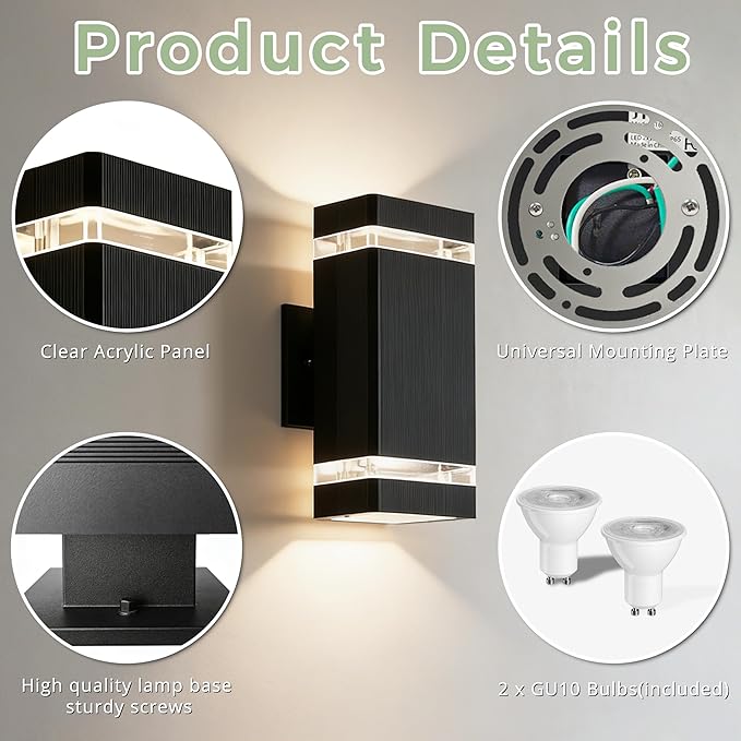 Square Dusk to Dawn Outdoor Lighting 2 Pack Up and Down LED Porch Lights Aluminum Outdoor Wall Lights with 2 * 7W Bulbs 3000K Waterproof Exterior Lighting Fixtures for House Porch Garage Black