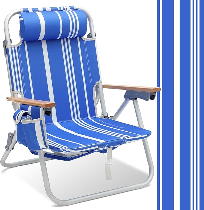 Sekey Aluminum Beach Chair for Adults with 5-Position Classic Lay Flat Lightweight Folding Backpack Beach Chair with 2 Cooler Bag Towel Bar Cup Holder &amp Phone Holder for Outdoor Camping Lawn