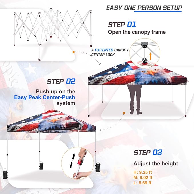 EAGLE PEAK Pop Up Canopy Tent with Wheeled Carry Bag 8 Stakes 4 Ropes 4 Weight Bags Easy Set Up Tent Canopy 10x10 ft 100sqft of Shade American Icon