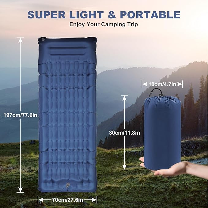 Camping Sleeping Pad with Pillow: Extra Thick 4.7 Inch Ultra-Light Self Inflating Airpad Most Comfortable Inflatable Sleep Mattress with Foot Pump for Backpacking Camp Hiking Tent (Navy Blue)