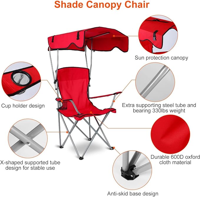 Camp Chair with Shade Canopy Heavy Duty Folding Camping Lawn Chair with Cup Holder UPF 50+ Sun Protection Portable Beach Lounge Chair for Outdoor Sports Support 330 LBS (Red)