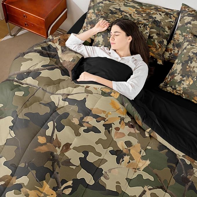 jejeloiu Camouflage Botanical 7 Piece Bedding Set for Girls Boys Kids Full Size Camo Bed in a Bag Room Decor Military Style Comforter Set with SheetsPillowcases &amp Cushion Cover Microfiber