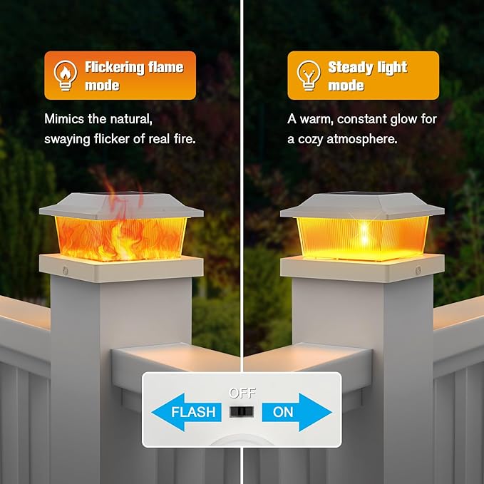 NIORSUN Solar Flame Post Cap Lights Outdoor Waterproof 4x4 Post Solar Lights with Flickering Flame LED Fence Posts Solars Light for Deck Patio Garden 4x4 Posts Caps Wood Vinyl 18 Pack (White)
