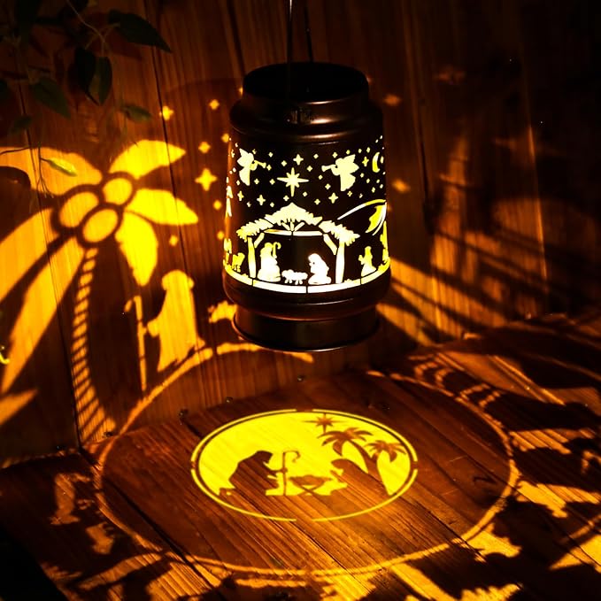 Christmas Solar Lanterns Outdoor Nativity Scene Waterproof Hanging Solar Lights Christmas Outdoor Decorations Gifts Men Women Metal Decorative LED Lantern for Yard Patio Lawn Pathway