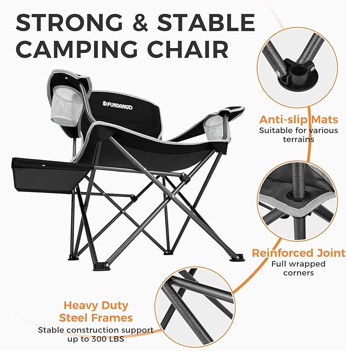 FUNDANGO Folding Padded Camping Chair Portable Outdoor Full Back Lawn Arm Chair with Side Table Cup Holder Side Pocket for Garden Picnic BBQ with Carry Bag Support 300LBS