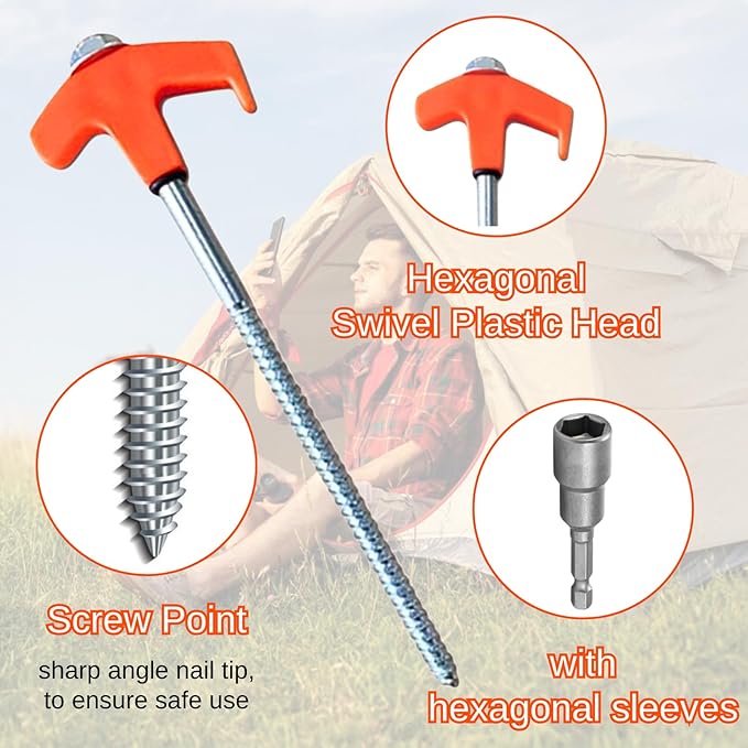 8 Screw in Tent Stakes - Ground Anchors Screw in Screw in Tent Stakes Heavy Duty Tent Pegs Camping Stakes Metal Threaded Tent Spikes Screw Tent Stakes with Hex Sleeves (8Pcs Black)