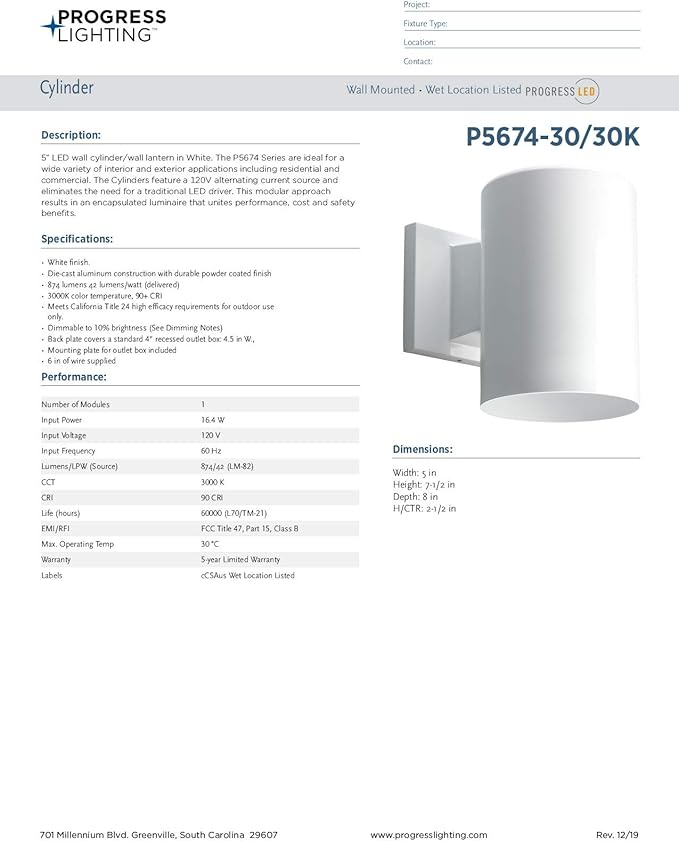 Progress Lighting 5-Inch Cylinder Outdoor LED Wall Sconce 1-Light Modern Wall Mount LED Light Interior and Exterior Lighting for Home or Porch Aluminum White (P5674-30/30K)
