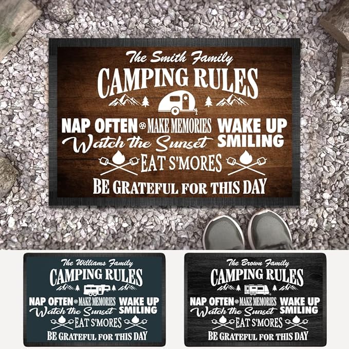 Personalized Camping Rules Welcome Doormat - Custom Family Name and RV Door Mat Accessories for Inside Outside Funny Campsite Decorations for Travel Trailers Style 01