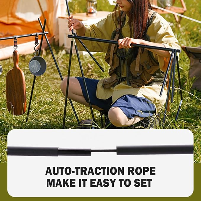 Foldable Tripod Camping Hanging Rack - 4 Hooks Outdoor Cookware Storage Portable Outdoor Camping Folding Rack