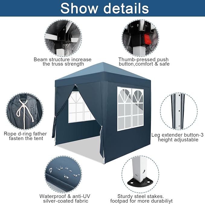 2x2m Gazebo with Sides Canopy Tent Outdoor Instant Shelter Folding Canopy Outdoor Party Tent Patio Canopy Tent Gazebo Outdoor Canopy Folding Garden Gazebo Party Tent (Blue)