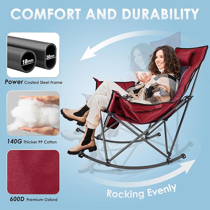 Suteck Heated Rocking Camping Chair XL Oversized Rocking Chair Outdoor with 3 Heat Levels for Back and Seat Heated Chairs Outdoor Sports W/20000mAh Power Bank for Patio Lawn Picnic Travel