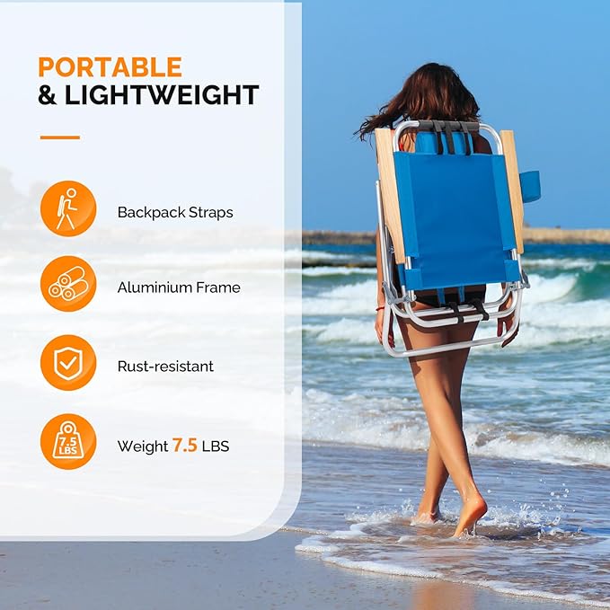 VINGLI 13 Aluminum Backpack Beach Chair – Tall Beach Chairs for Adults Portable with Adjustable Straps 3-Position Reclining Cup Holder High Lightweight Beach Chairs for BeachCamping Picnic