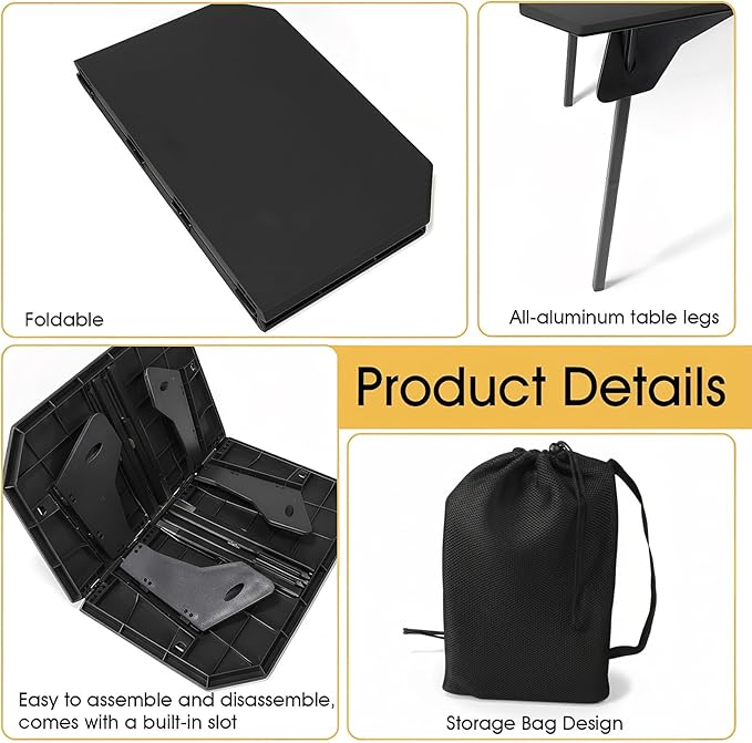 ele ELEOPTION Portable Folding Camping Table Aluminum Legs Fold up Lightweight Outdoor Ultralight Small Foldable Camping Table with Carrying Bag for Beach Picnic Grilling Hiking Fishing Black