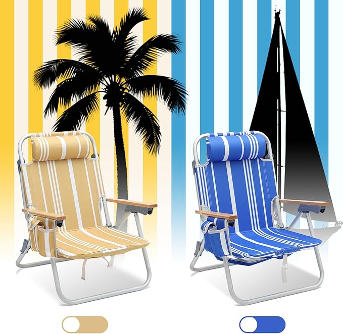 Sekey Aluminum Beach Chair for Adults with 5-Position Classic Lay Flat Lightweight Folding Backpack Beach Chair with 2 Cooler Bag Towel Bar Cup Holder &amp Phone Holder for Outdoor Camping Lawn