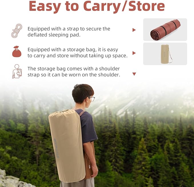 INVOKER 3.15 Self-Inflating Camping Sleeping Pad Ultra-Thick Foam Fast Inflating Camping Mat Air Mattress with Pillow 4-Season Insulated for Tent Car Camping Travel Khaki with Pink-Orange