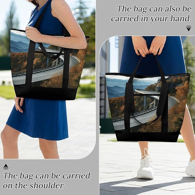 Insulated Shopping BagLarge Reusable Cooler Bags Blue Ridge Parkway Road Bridge Printed Foldable Shopping BagTravel Waterproof Shoulder Bag
