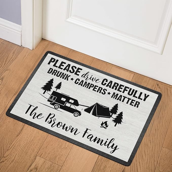 Personalized Please Drive Carefully Drunk Campers Matter Doormat Camping - Custom Family Name Door Mat RV Accessories for Inside Outside Funny Campsite Decorations Travel Trailers 16x24 inches