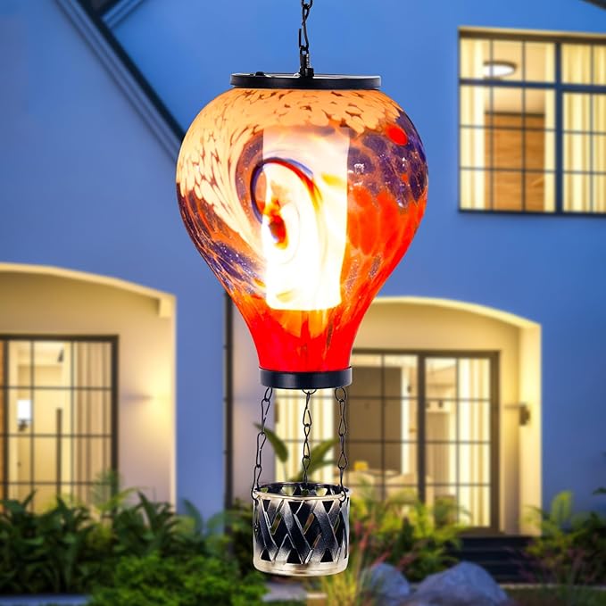 Starsoul Unique Hot Air Balloon Solar Lantern Glass Outdoor Hot Air Balloon Solar Flickering Flame Light Waterproof Hanging Lantern with Big Basket for Garden Yard Patio Decor