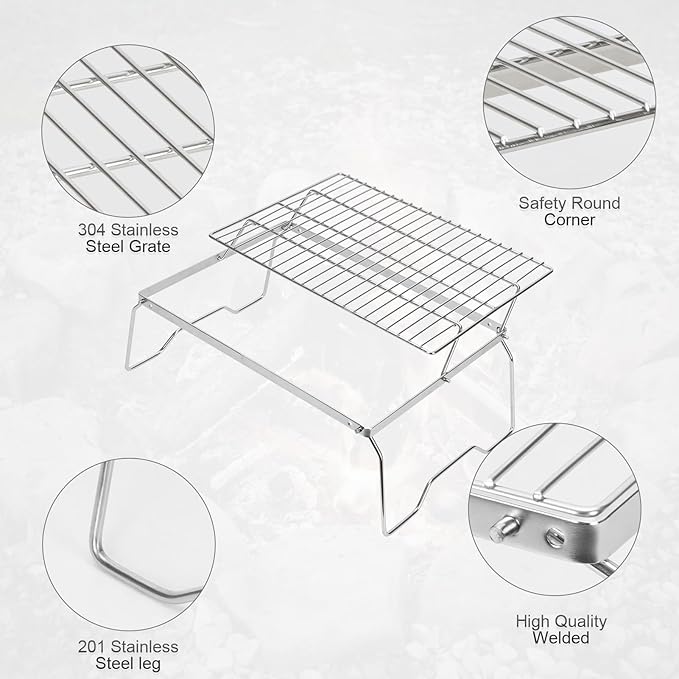 ZORMY 17 Large Folding Campfire Grill 304 Stainless Steel Firepit Grill Grate Heavy Duty Portable Camping Grill with Carrying Bag Gas BBQ Grill Grate for Backpacking Hiking Picnics (Double)