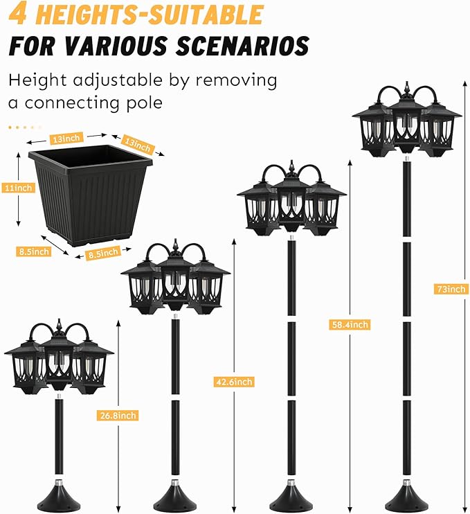 3-Head Solar Lamp Post with Planter 74 Solar Light Flower Pot Lamp Post 60Lm Waterproof Solar Light Poles for Outside Garden Patio Yard Driveway Replaceable Bulb Warm White (3000K)