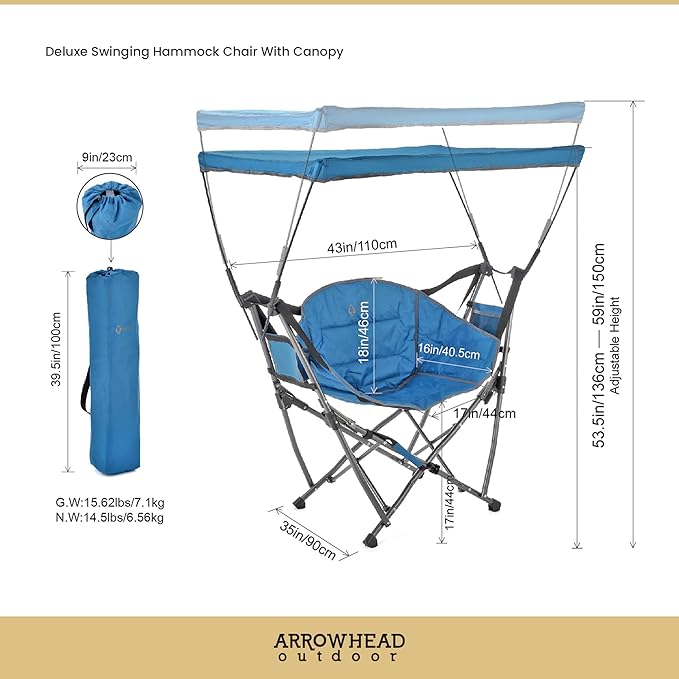 ARROWHEAD OUTDOOR Portable Folding Swinging Hammock Camping Chair Removable Canopy Perfect for Stargazing Cup Holder Storage Pouch Carrying Bag Included Supports up to 300lbs USA-Based Support
