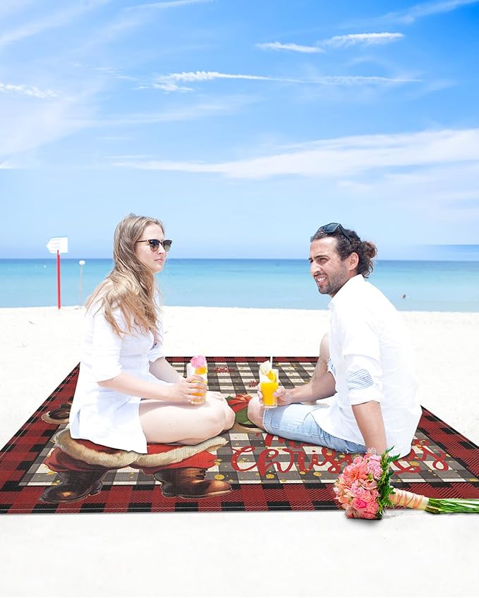 Beach Blanket Waterproof Sandproof Santa Claus Christmas Winter Snowflakes Quick Drying Beach Mat with 4 Stakes Red Black Buffalo Plaid Lightweight Picnic Blanket for Travel Camping 118x108