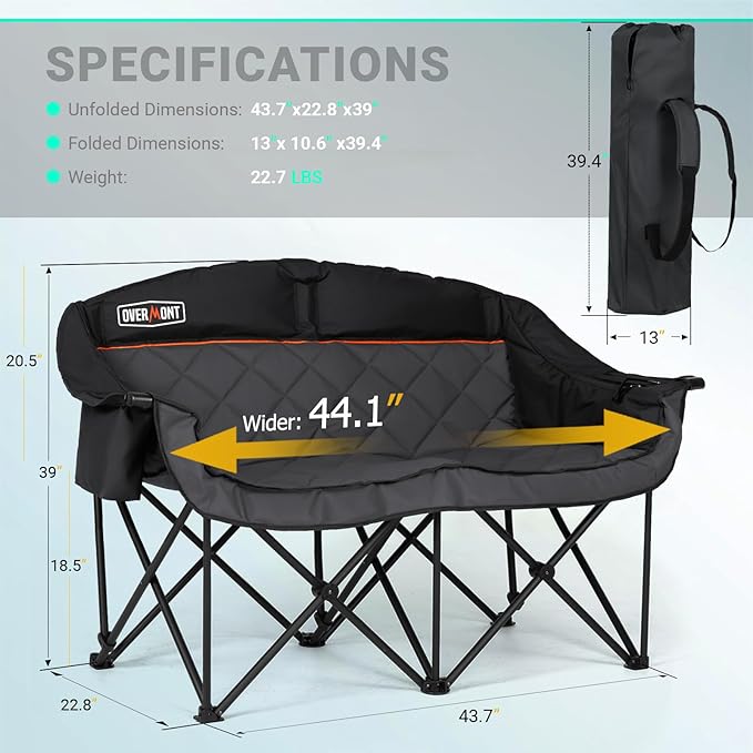Overmont Oversized XLL Camping Chair for Adults - 850LBS Sopport Heavy-Duty Padded Folding Chair with Pocket Cup Holder Cooling Bag Wine Racks for Outdoor Sports Garden Beach Fishing Lawn Blk Loveseat