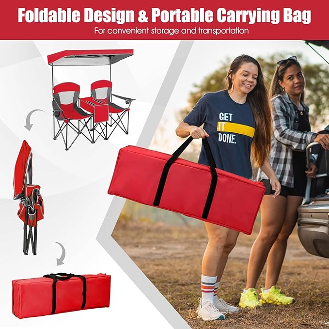 Tangkula Loveseat Camping Chair with Adjustable Shade Canopy Portable Beach Chair with Cooler Bag 2 Cup Holders Carrying Bag Foldable Double Lawn Chair for Travel Fishing Picnic (Red)