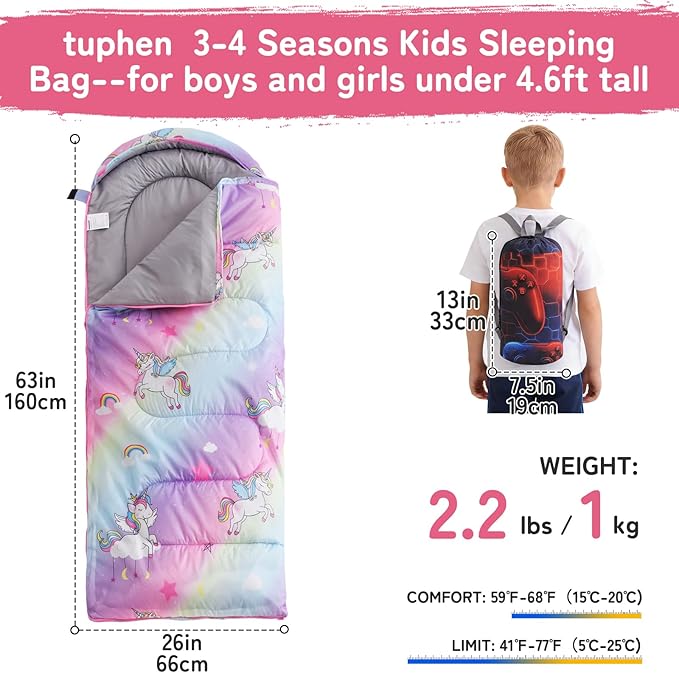 tuphen Kids Sleeping Bag - 50-77℉ 3-Season Waterproof Sleeping Bag for Boys &amp Girls Lightweight 2.2 lbs Camping Gear with Compression Bag Ideal for Camping Hiking Indoor
