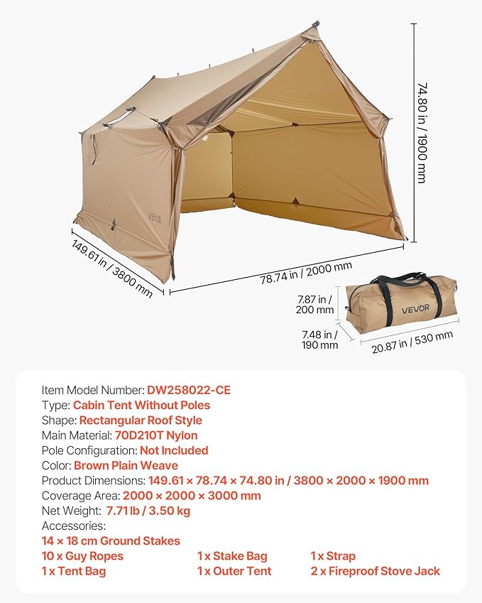 VEVOR Hot Tent Camping Tipi Hot Tents with Stove Jack Portable Winter Camping Tents with Snow Skirt Easy Setup Waterproof 4 Season Shelter Tents for Fishing Backpacking