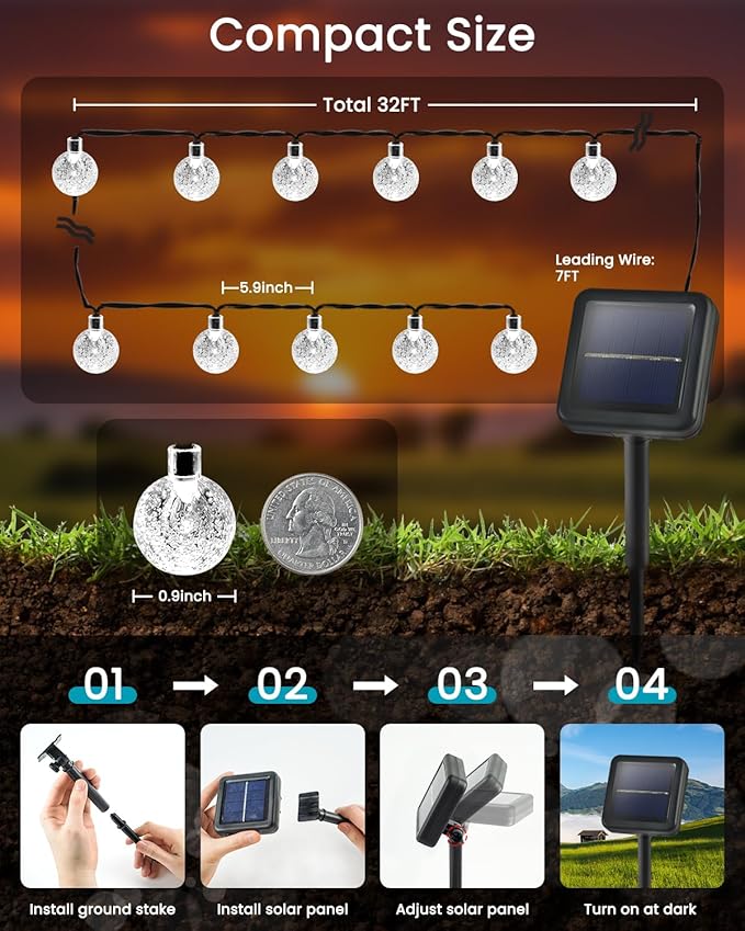 LORRYTE White 2-Pack 100 LED 64FT Crystal Globe Solar Lights Outdoor Waterproof Solar String Lights Outdoor Decorative with 8 Lighting Modes for Patio Decorations Garden Wedding Party Tree Porch