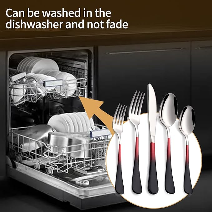 20-Piece Black Red Silverware Set 18/0 Stainless Steel Silverware Set Black Red Handle Cutlery Set Service for 4 Dinner Knives Forks Spoons Set Flatware Set Finish Dishwasher Safe