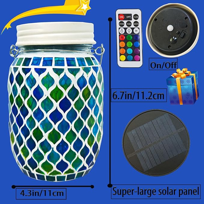 Solar Mosaic Lights - 12 Color Changing LED 4 Lighting Modes with Remote Control Handcrafted Glass Decor Lanterns Hanging or Tabletop Decor for Garden (Bule)