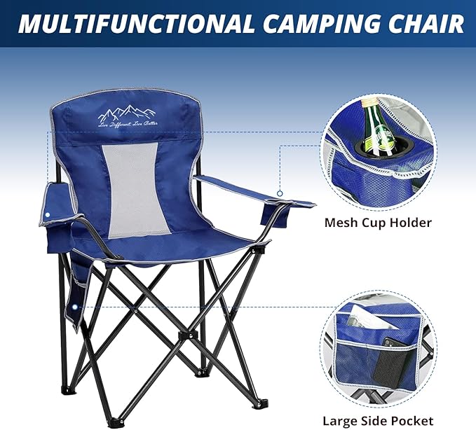 Mesh Folding Camping Chairs Oversized Portable Outdoor Chairs Weight Capacity 325 lbs with Cup Holder Storage Pocket Carry Bag Blue
