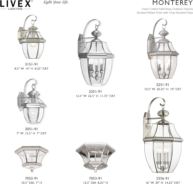 Livex Lighting 2051-91 Monterey 1 Light Outdoor Brushed Nickel Finish Solid Brass Wall Lantern with Clear Beveled Glass