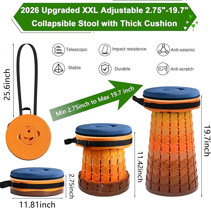 2026 Upgraded XXL Collapsible Stool with Thick Cushion19.7H-11.8D Telescoping Folding Stool for Adults More Sturdy Camping Stools with Load Capacity 1000lbs for OutdoorGardenFishingHiking
