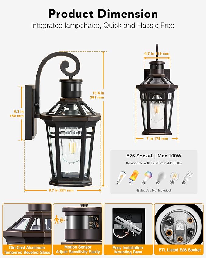 Motion Sensor Porch Lights Outdoor Wall Mount Oil Rubbed Bronze Exterior Wall Sconce Lantern with E26 Socket Waterproof Dusk to Dawn Outdoor Lighting Fixtures Coach Lights for Garage Patio