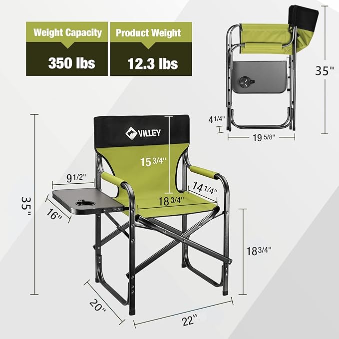 VILLEY Heavy Duty Directors Chair Folding Camping Chairs Portable Foldable Chair for Camp Tailgating Lawn Picnic Fishing Beach Supports 350 LBS Green