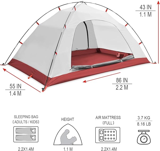 KAZOO 2／4 Person Camping Tent Outdoor Waterproof Family Large Tents 2/4 People Easy Setup Tent with Porch Double Layer | Outdoor Waterproof Family Large Tents Easy Setup