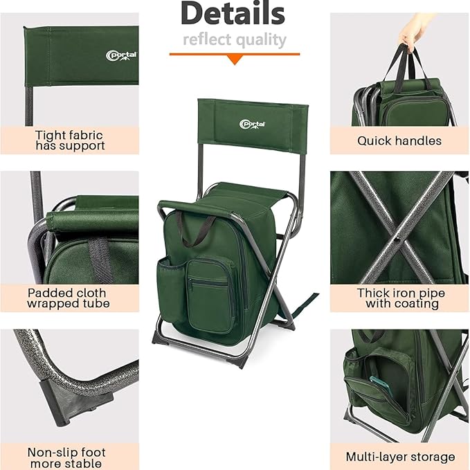 Portal Backpack Cooler Chair Fishing Chairs with Backrest Folding Camping Stool Compact for Outdoors Hiking Hunting Travel Supports 225 lbs Capacity
