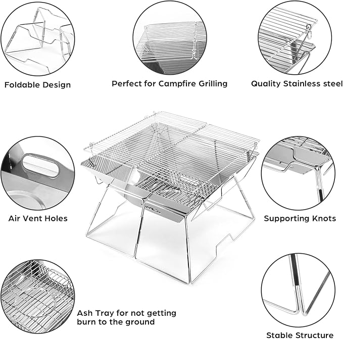 Odoland Folding Campfire Grill 304 Stainless Steel Grate Barbeque Grill Portable Camping Grill with Legs for Picnics Backpacking Outdoor with Carrying Bag and Kitchen Tongs