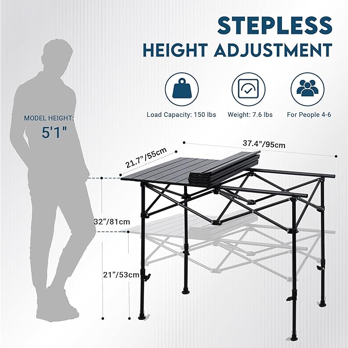 LOFTEY Folding Camping Table Adjustable Height Aluminum Camp Table with Roll Up Top Lightweight with Carry Bag Portable for Camping Backyard BBQ Tailgating 37.4 L x 21.7 W x 32 H Black