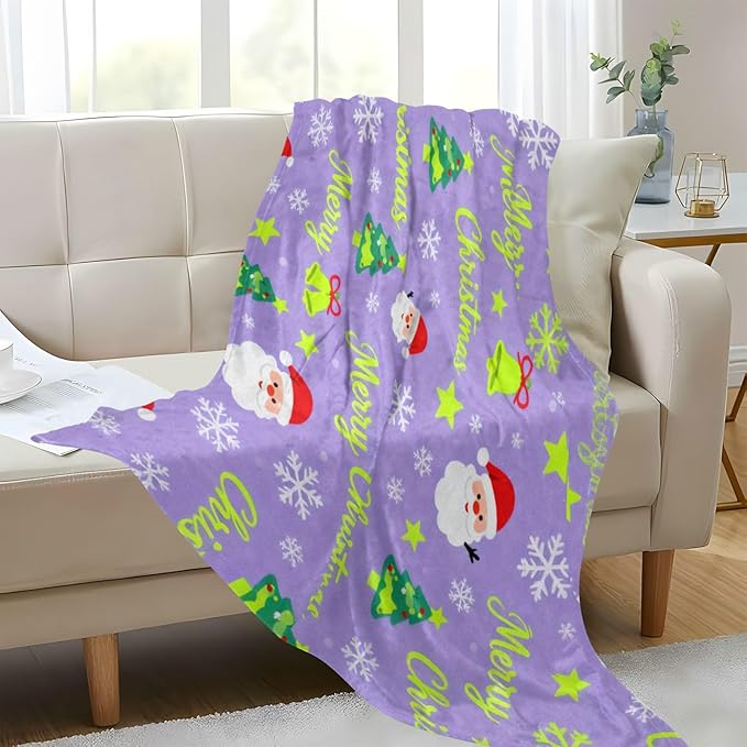 Merry Christmas Snow Flake Santa Lavender Lightweight Fuzzy Comfy Throw Blankets for Couch Comfy Throw Blankets for Party Sofa Bed Living Room 50x70 Inches