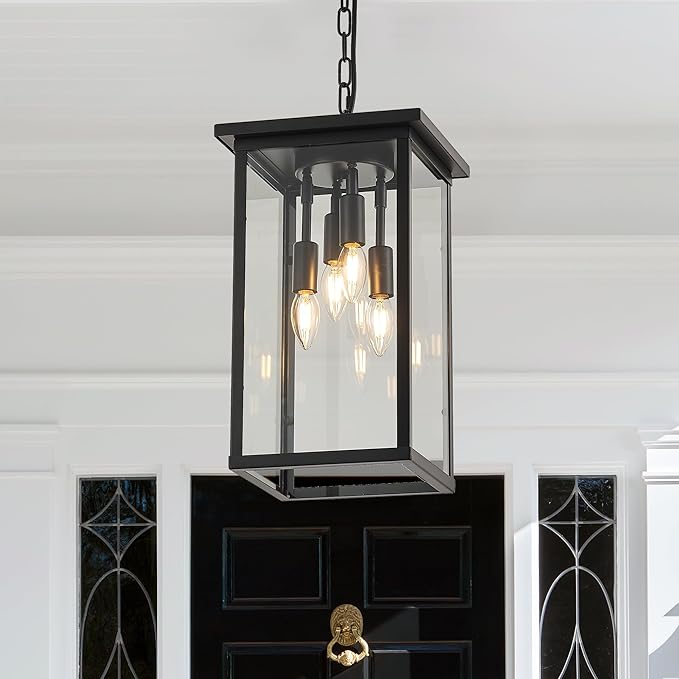 10 Modern 4-Light Exterior Black Square Lantern Pendant Light Fixture with Clear Glass Industrial Hanging Cage Chandelier for Outdoor Porch Kitchen Island Dining Room Hallway Entryway Foyer