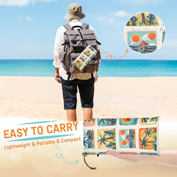 Waterproof Sandproof Beach Blanket 59''×68'' Scenery Mountains Stamps Polyester Outdoor Picnic Blanket with 4 Stakes &amp Storage Bag for BeachCampingVacation White