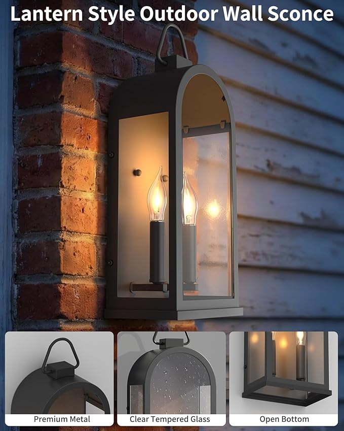 Outdoor Wall Light Fixtures 2-Light Porch Lights Outdoor Matte Black Exterior Waterproof Wall Sconce with Glass Shade Outside Lantern for House Doorway Patio Entryway E12 Socket 2 Pack