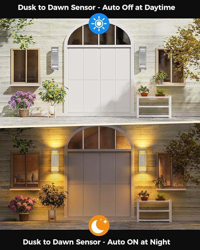 SHIMR Dusk to Dawn Outdoor Lighting 2 Pack Up and Down Lights Stainless Steel Exterior Light Fixture with Photocell Sensor Waterproof Modern Outside Lights for House Garage Porch LED Bulbs Included